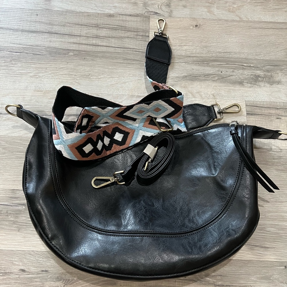 Black Leather Women's Bag with Patterned Strap